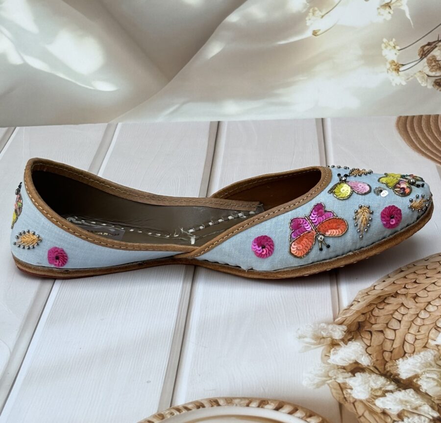 multi coloured hand work jutti for women girls and ladies, handwork jutti, pure leather jutti, butterfly jutti