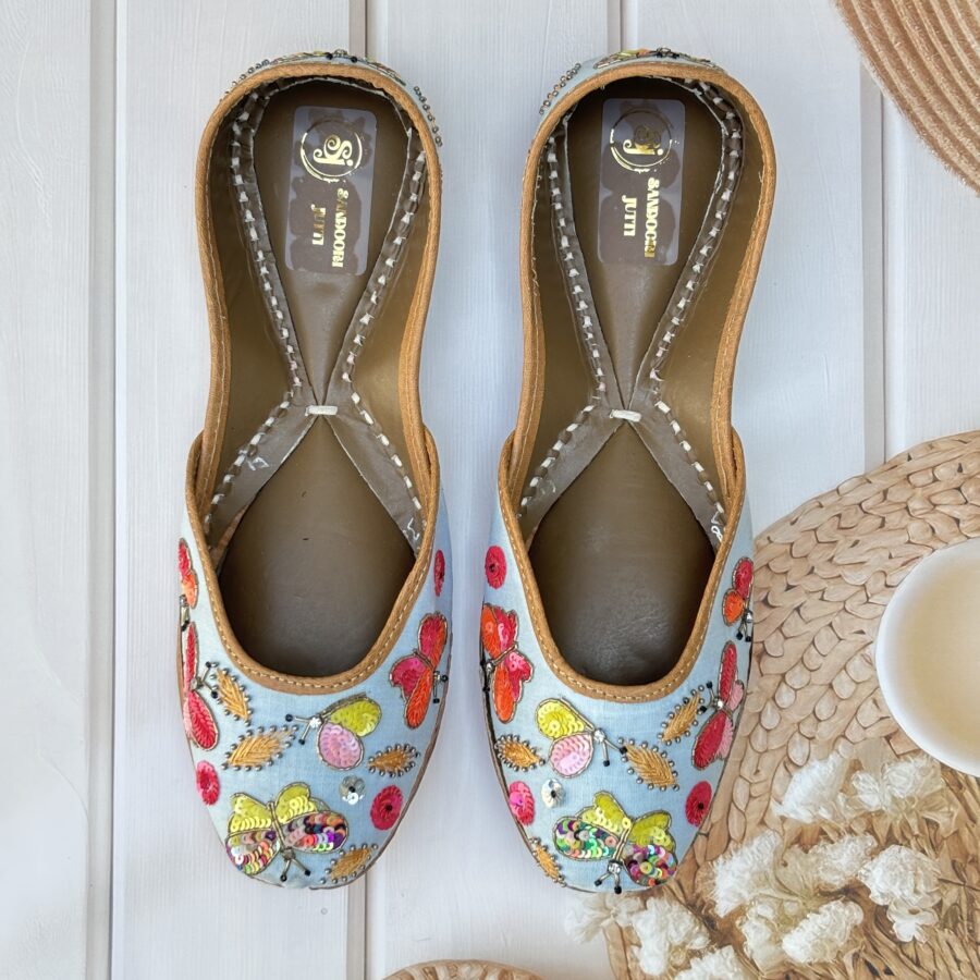 multi coloured hand work jutti for women girls and ladies, handwork jutti, pure leather jutti, butterfly jutti