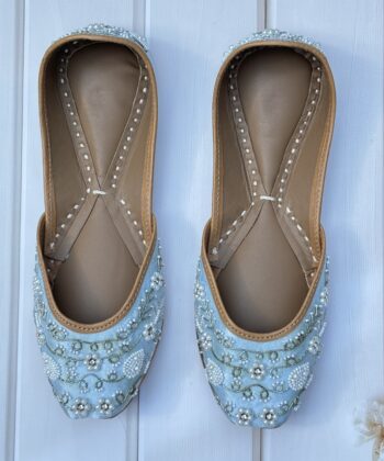 blue jutti for women girls and ladies, handwork jutti, leather jutti, zardosi work matching jutti,