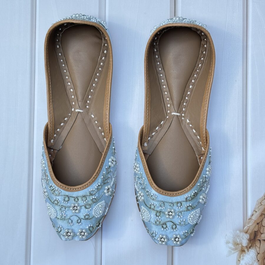 blue jutti for women girls and ladies, handwork jutti, leather jutti, zardosi work matching jutti,