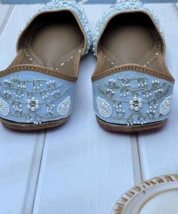 blue jutti for women girls and ladies, handwork jutti, leather jutti, zardosi work matching jutti,