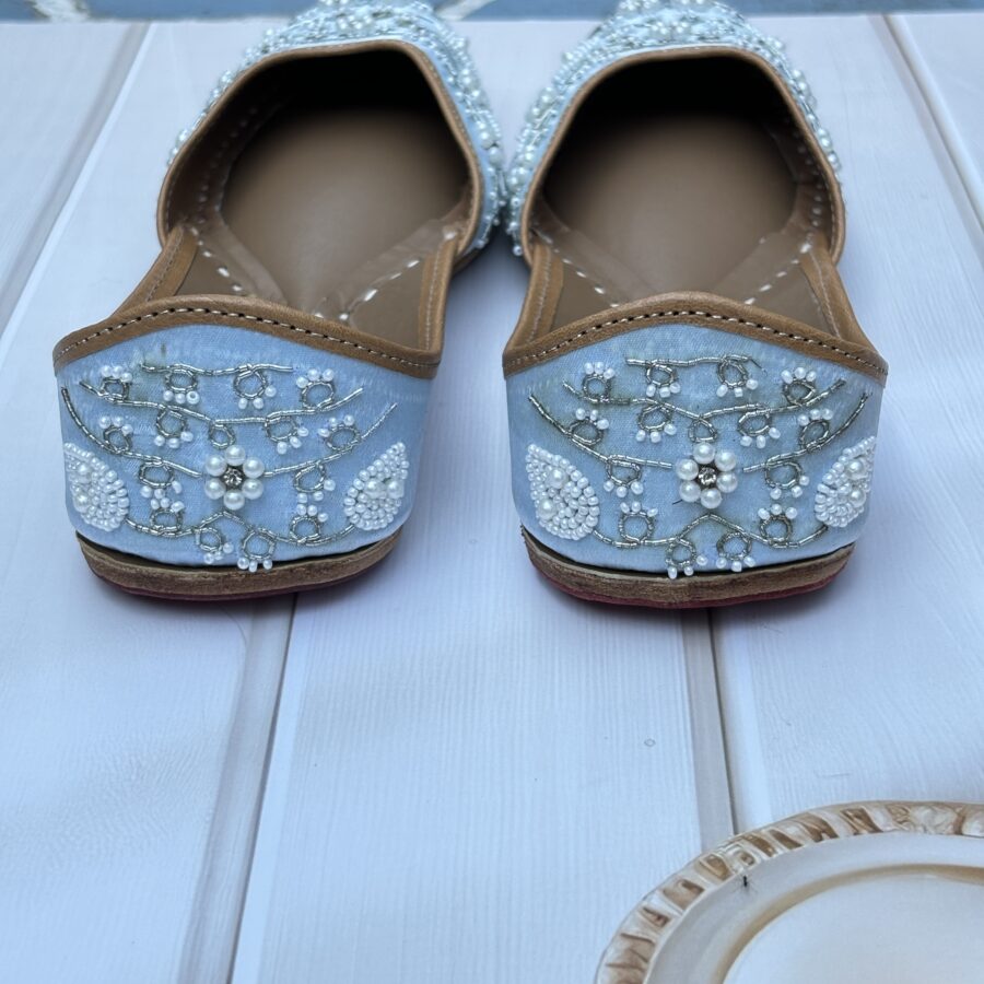 blue jutti for women girls and ladies, handwork jutti, leather jutti, zardosi work matching jutti,