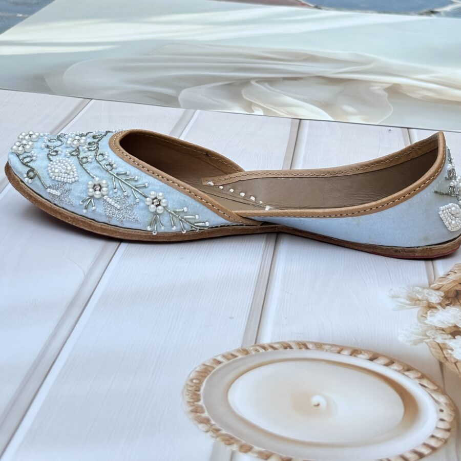 blue jutti for women girls and ladies, handwork jutti, leather jutti, zardosi work matching jutti,