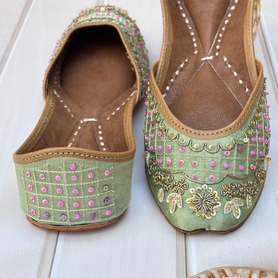 green jutti for women girls and ladies, handwork jutti, leather jutti, zardosi work matching jutti, sea green jutti, scarlet bloom juttis, printed jutti