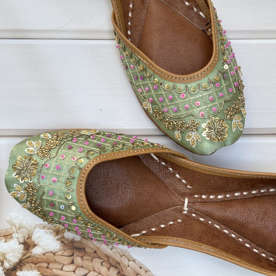 green jutti for women girls and ladies, handwork jutti, leather jutti, zardosi work matching jutti, sea green jutti, scarlet bloom juttis, printed jutti