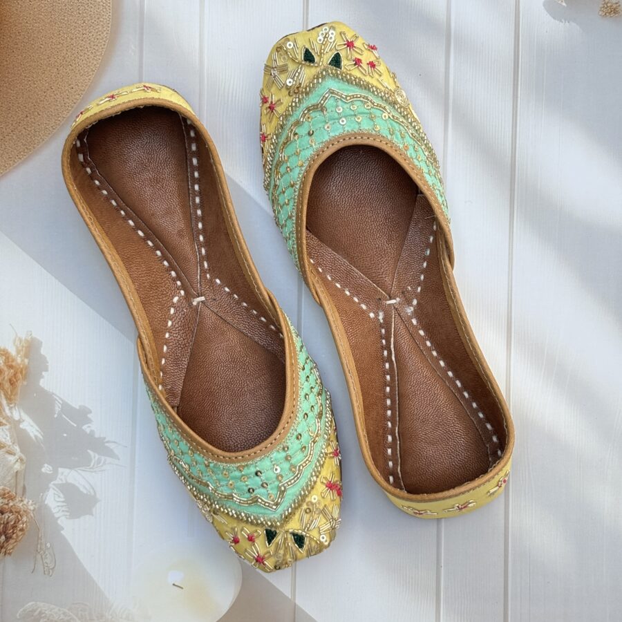 yellow jutti for women girls and ladies, handwork jutti, pure leather jutti, mirror work matching jutti, sea green jutti, sunlit serenity jutti, patchwork jutti