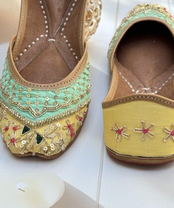 yellow jutti for women girls and ladies, handwork jutti, pure leather jutti, mirror work matching jutti, sea green jutti, sunlit serenity jutti, patchwork jutti
