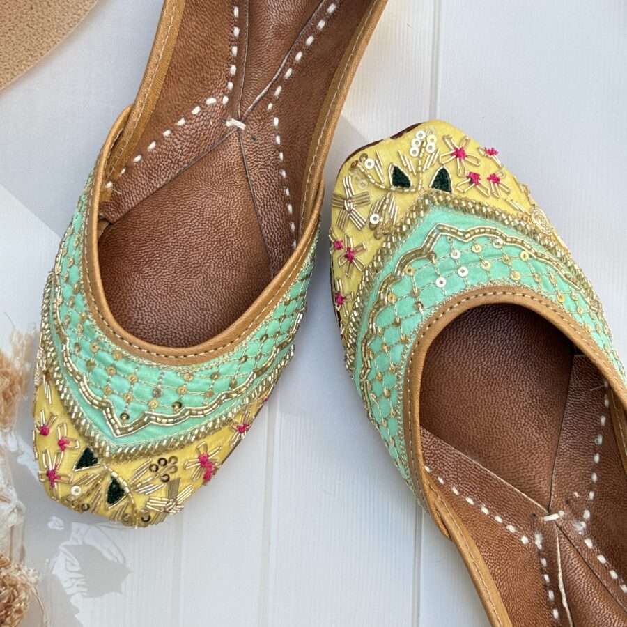 yellow jutti for women girls and ladies, handwork jutti, pure leather jutti, mirror work matching jutti, sea green jutti, sunlit serenity jutti, patchwork jutti