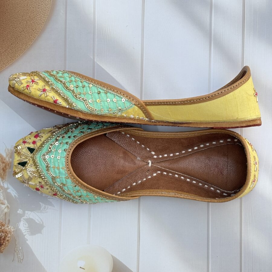 yellow jutti for women girls and ladies, handwork jutti, pure leather jutti, mirror work matching jutti, sea green jutti, sunlit serenity jutti, patchwork jutti
