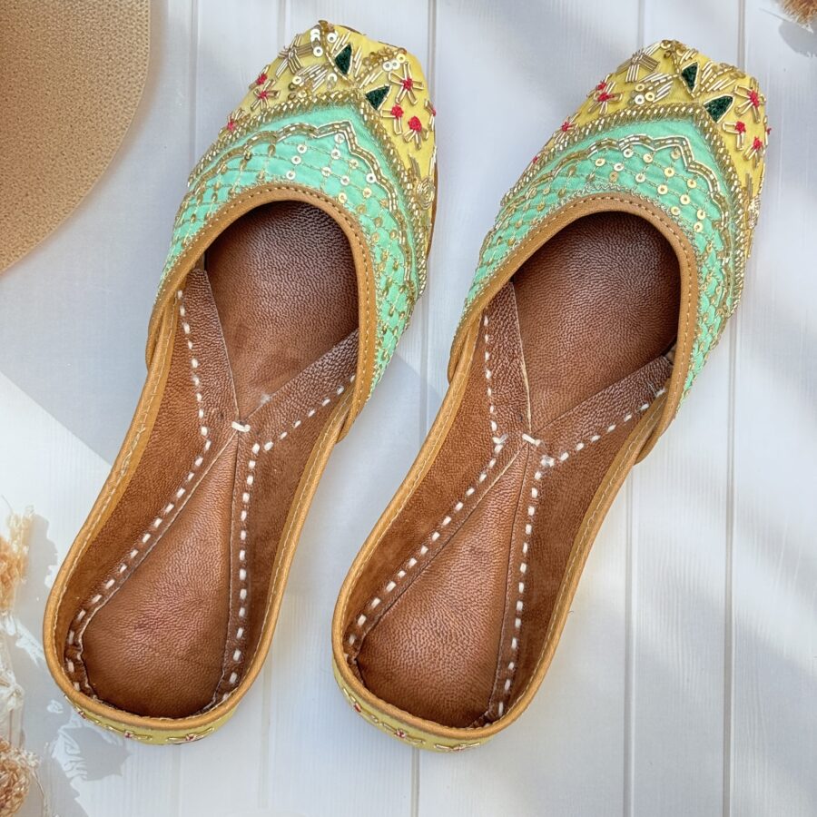 yellow jutti for women girls and ladies, handwork jutti, pure leather jutti, mirror work matching jutti, sea green jutti,