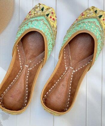 yellow jutti for women girls and ladies, handwork jutti, pure leather jutti, mirror work matching jutti, sea green jutti,