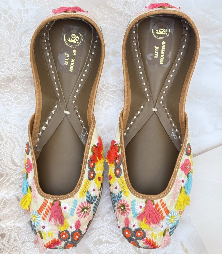 multi colour hand work jutti for ladies, handwork jutti, golden work green jutti, pure leather jutti