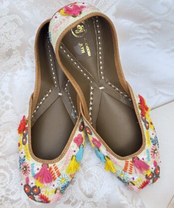 multi colour hand work jutti for ladies, handwork jutti, golden work green jutti, pure leather jutti
