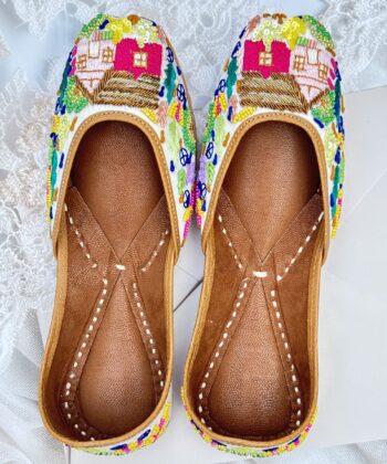multi colour hand work jutti for ladies, handwork jutti, golden work green jutti, pure leather jutti