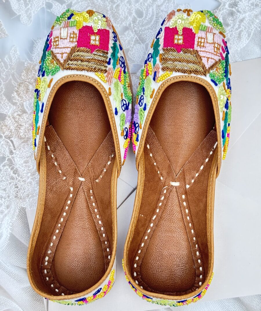 multi colour hand work jutti for ladies, handwork jutti, golden work green jutti, pure leather jutti