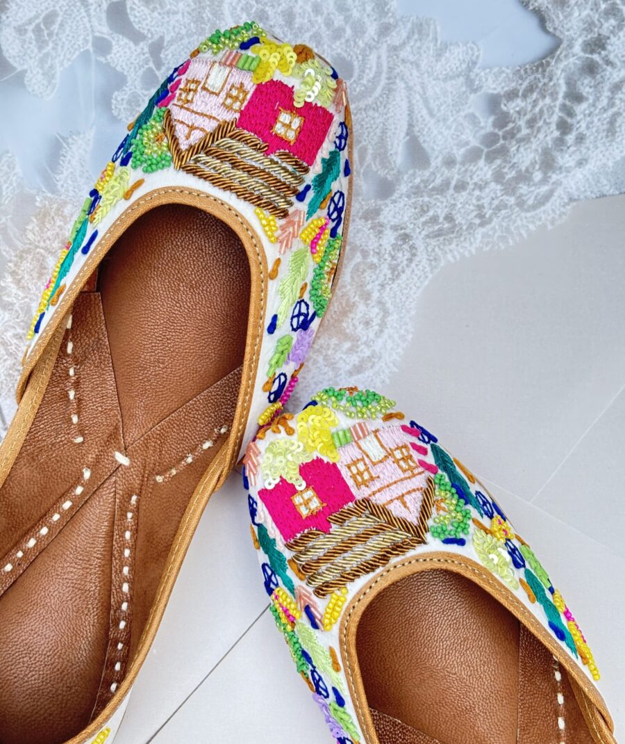 multi colour hand work jutti for ladies, handwork jutti, golden work green jutti, pure leather jutti
