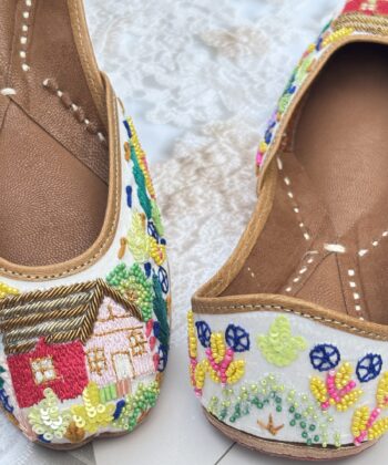 multi colour hand work jutti for ladies, handwork jutti, golden work green jutti, pure leather jutti