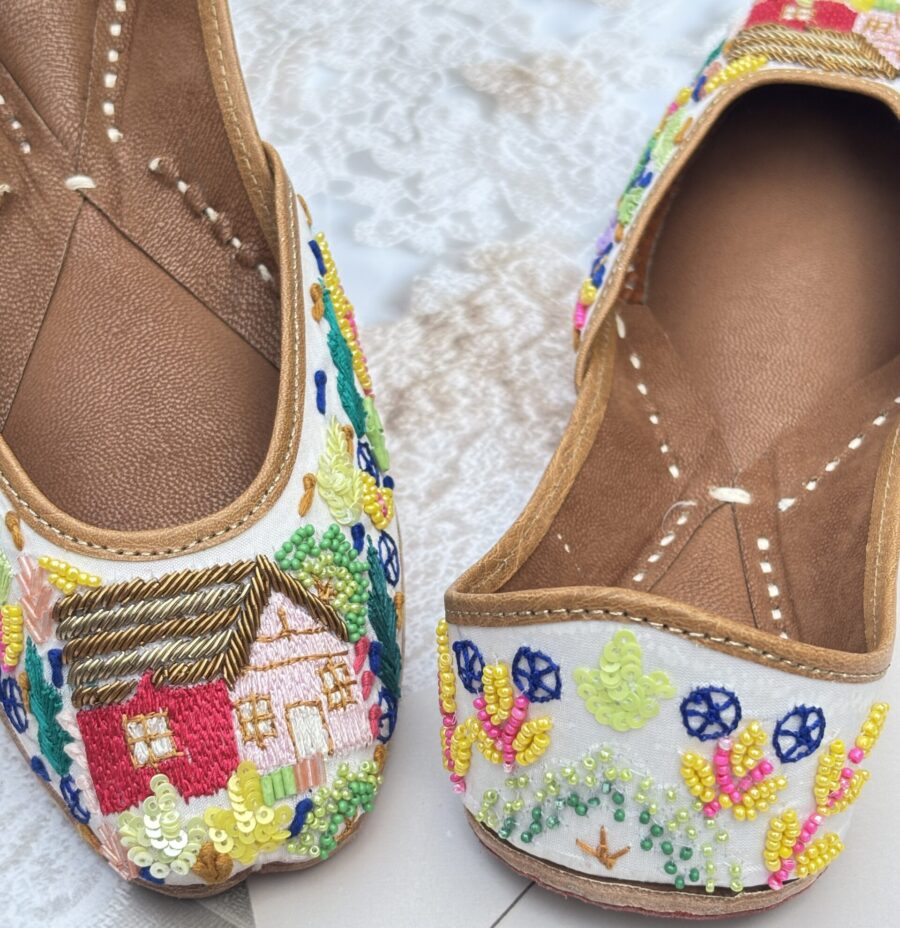 multi colour hand work jutti for ladies, handwork jutti, golden work green jutti, pure leather jutti