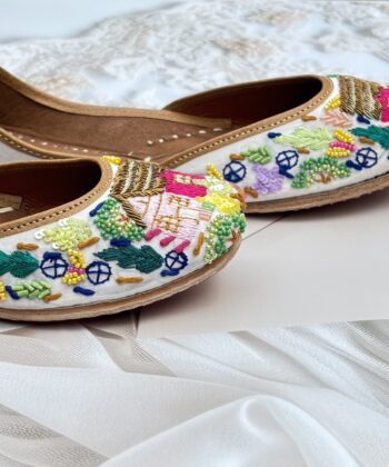 multi colour hand work jutti for ladies, handwork jutti, golden work green jutti, pure leather jutti