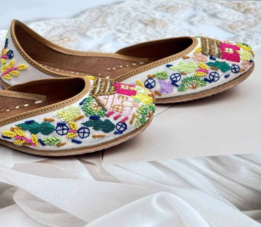 multi colour hand work jutti for ladies, handwork jutti, golden work green jutti, pure leather jutti