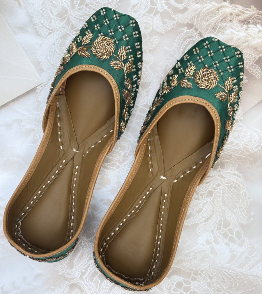 green hand work jutti for ladies, handwork jutti, golden work green jutti, pure leather jutti
