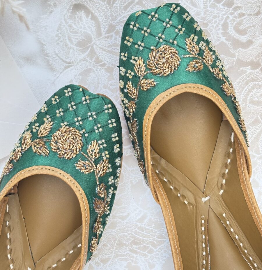 green hand work jutti for ladies, handwork jutti, golden work green jutti, pure leather jutti