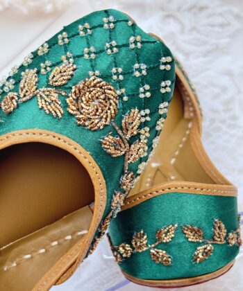 green hand work jutti for ladies, handwork jutti, golden work green jutti, pure leather jutti