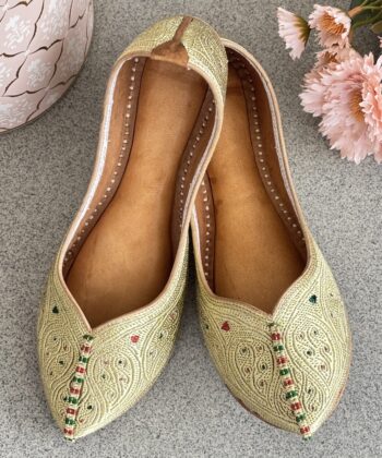 Golden Tilla Biba Jutti with red and green elements