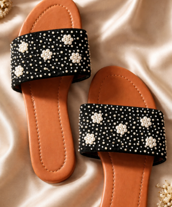 Dark night black sliders with white pearls