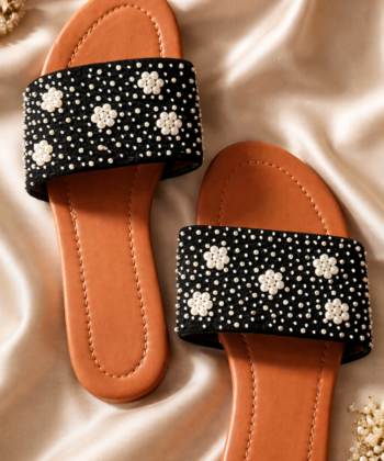 Dark night black sliders with white pearls
