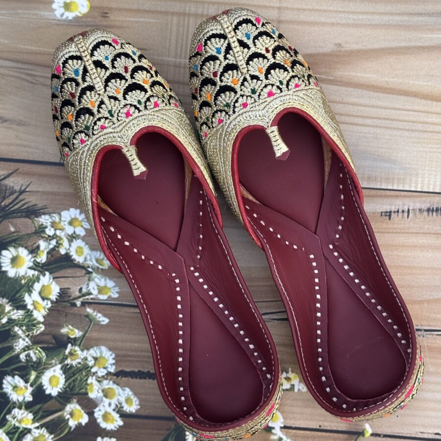 golden tilleydaar pure leather multi colour dots enchanting design black velvet base punjabi jutti for women