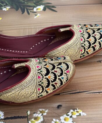 golden tilleydaar pure leather multi colour dots enchanting design black velvet base punjabi jutti for women