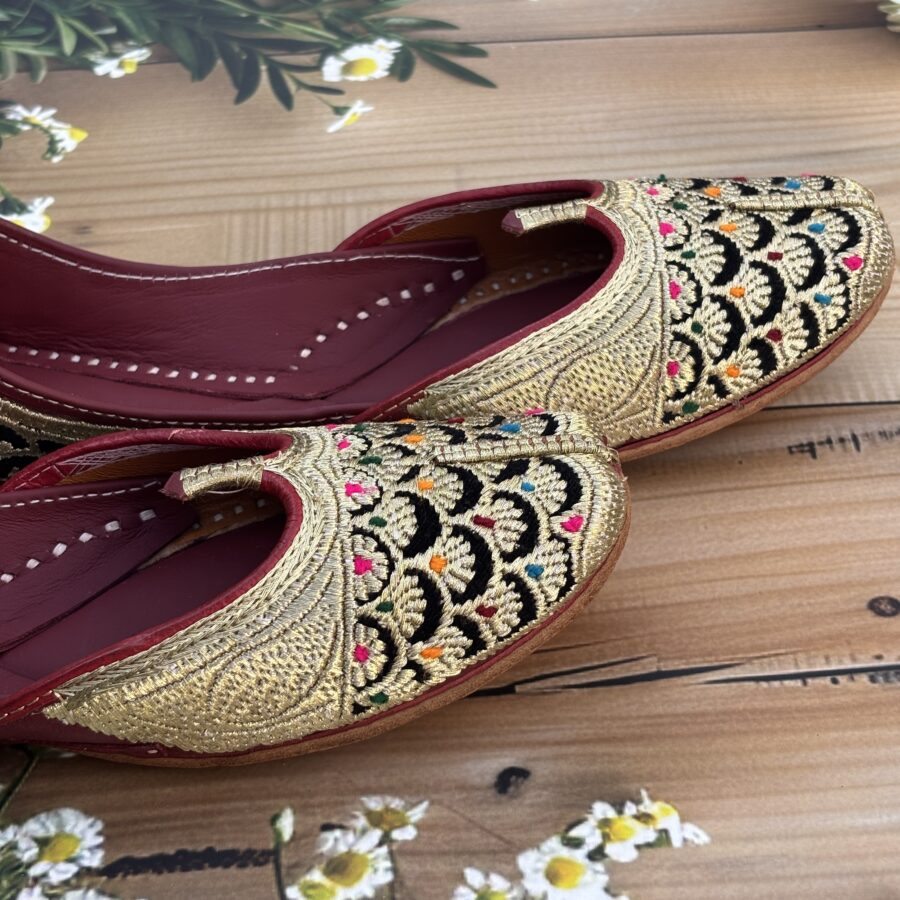 golden tilleydaar pure leather multi colour dots enchanting design black velvet base punjabi jutti for women