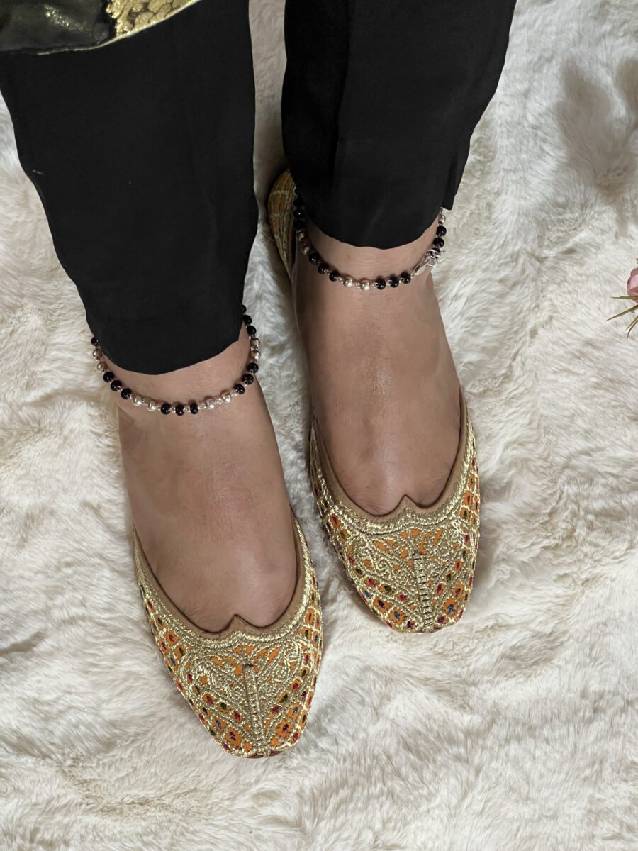 Mango yellow base golden tilla hand work punjabi jutti for women checks design