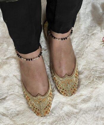 Mango yellow base golden tilla hand work punjabi jutti for women checks design