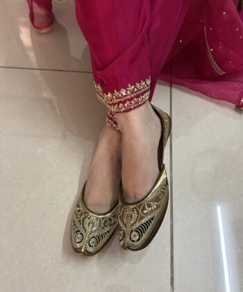 black and brown base golden tilla hand work punjabi jutti for women floral design