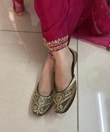 black and brown base golden tilla hand work punjabi jutti for women floral design