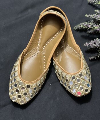 Golden base hand embroidered Punjabi jutti for women, mirror design, pure leather, double cushioned jutti by sandoori, free shipping, free exchange, latest design, branded jutti, colour golden