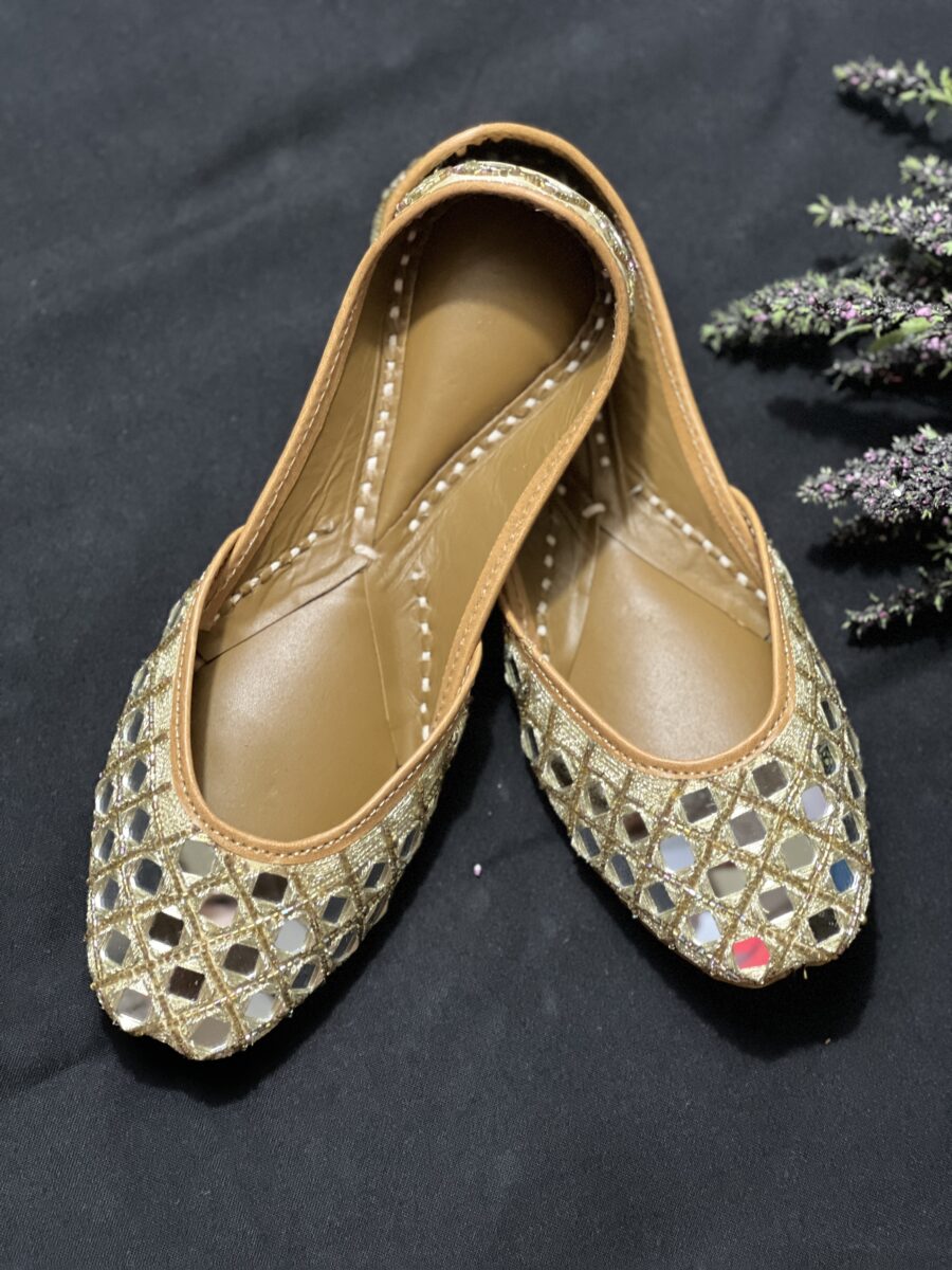 Golden base hand embroidered Punjabi jutti for women, mirror design, pure leather, double cushioned jutti by sandoori, free shipping, free exchange, latest design, branded jutti, colour golden