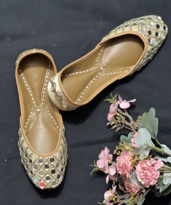 Golden base hand embroidered Punjabi jutti for women, mirror design, pure leather, double cushioned jutti by sandoori, free shipping, free exchange, latest design, branded jutti, colour golden