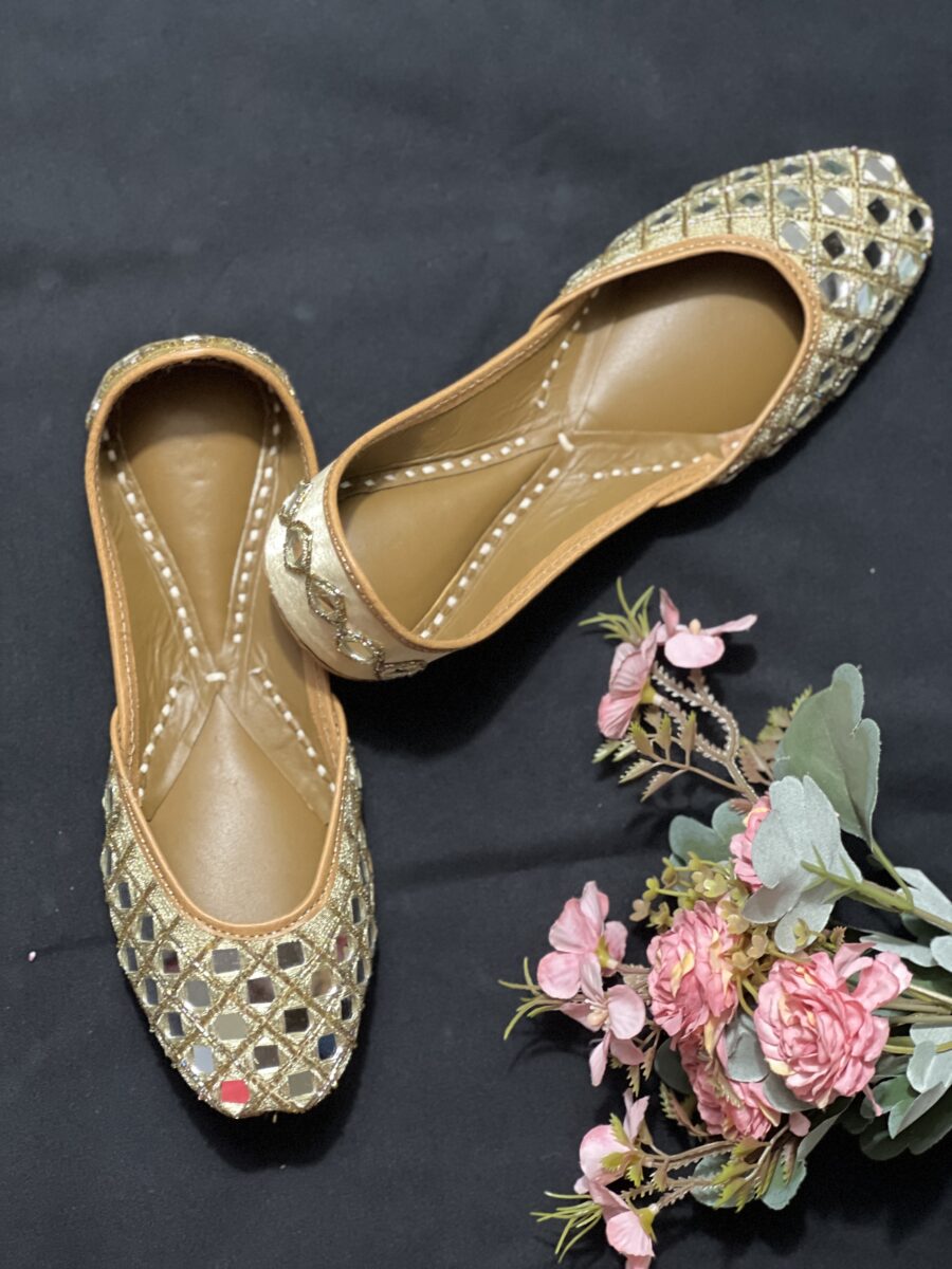 Golden base hand embroidered Punjabi jutti for women, mirror design, pure leather, double cushioned jutti by sandoori, free shipping, free exchange, latest design, branded jutti, colour golden