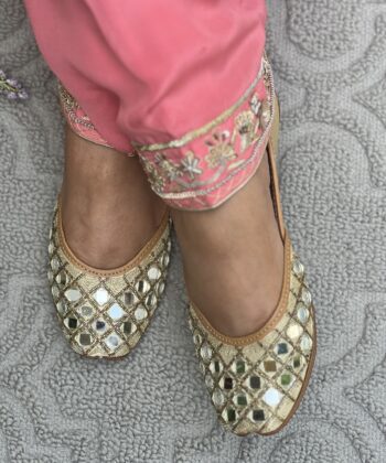 Golden base hand embroidered Punjabi jutti for women, mirror design, pure leather, double cushioned jutti by sandoori, free shipping, free exchange, latest design, branded jutti, colour golden