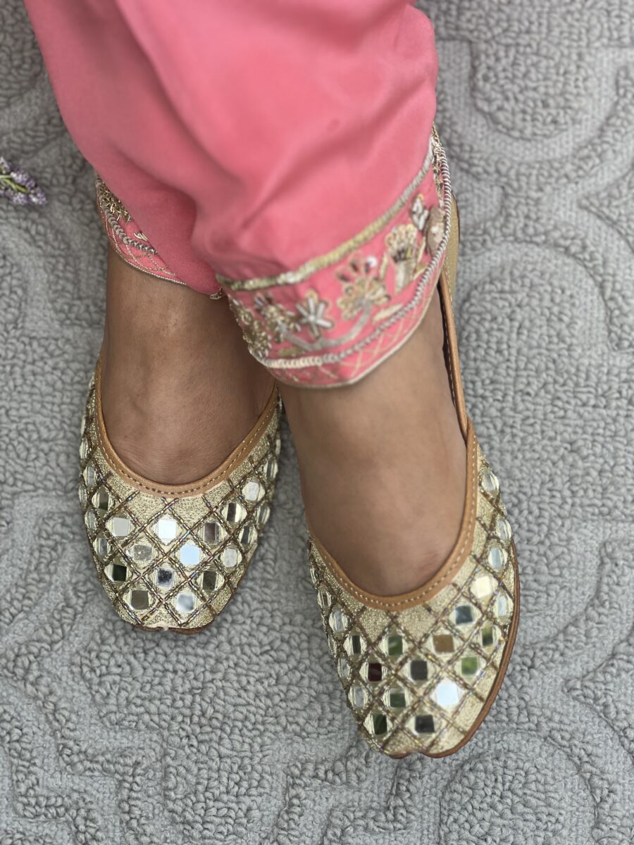 Golden base hand embroidered Punjabi jutti for women, mirror design, pure leather, double cushioned jutti by sandoori, free shipping, free exchange, latest design, branded jutti, colour golden