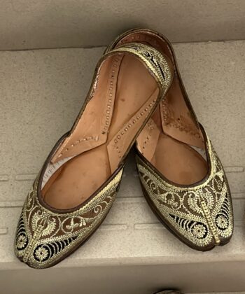 black & brown base golden tilla hand work punjabi jutti for women floral design