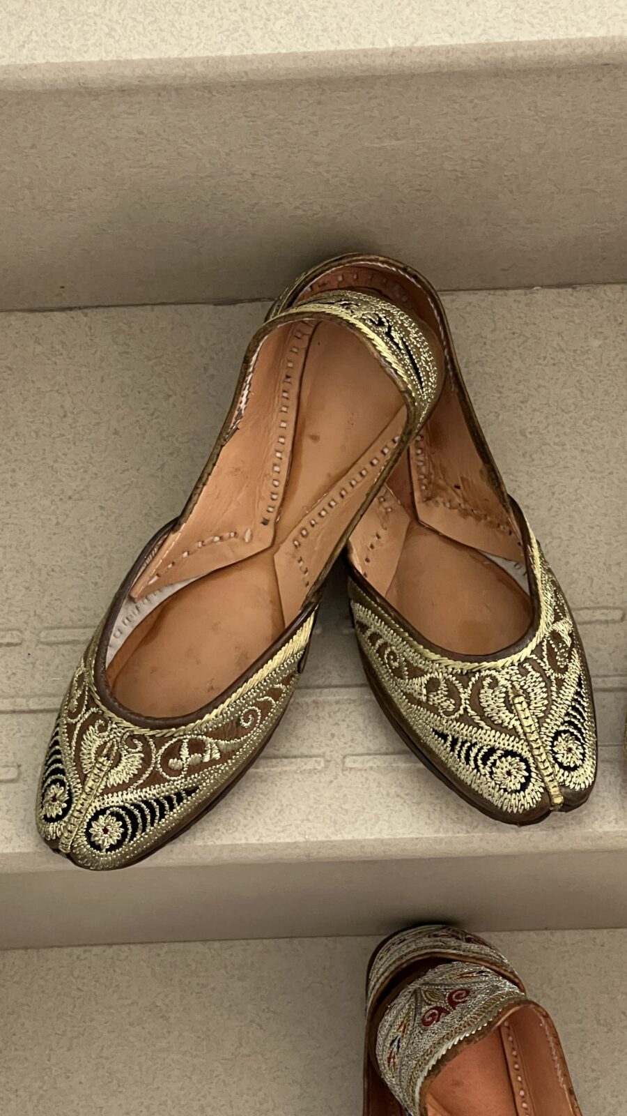black & brown base golden tilla hand work punjabi jutti for women floral design