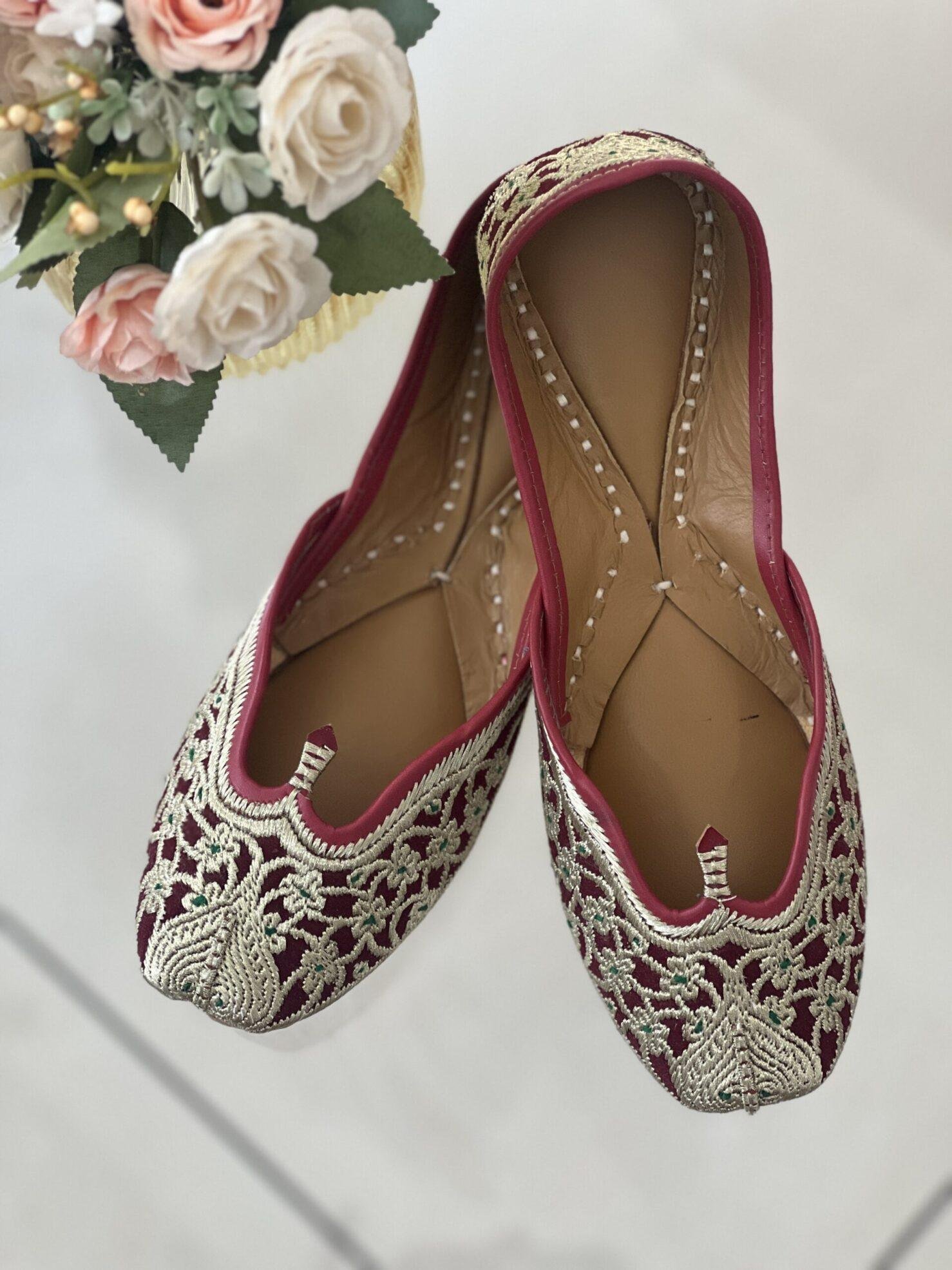 IMG_6065 Maroon base light golden tilla hand work punjabi jutti for women