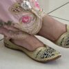 Golden Tilla with blue colour base delhi fashion, Biba style jutti also known as straight sole jutti or pointed tip jutti jointless seamless construction, hand work Punjabi jutti for ladies, girls and women. Trending design, kasoori tilla hand work, double cushioned for full day comfort, pure leather handmade punjabi jutti