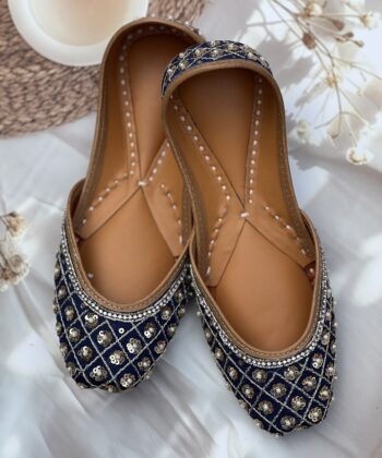 Navy blue base hand embroidered Punjabi jutti for women, sequins and pearls design, pure leather, double cushioned jutti by sandoori, free shipping, free exchange, latest design, branded jutti, colour navy blue, golden,