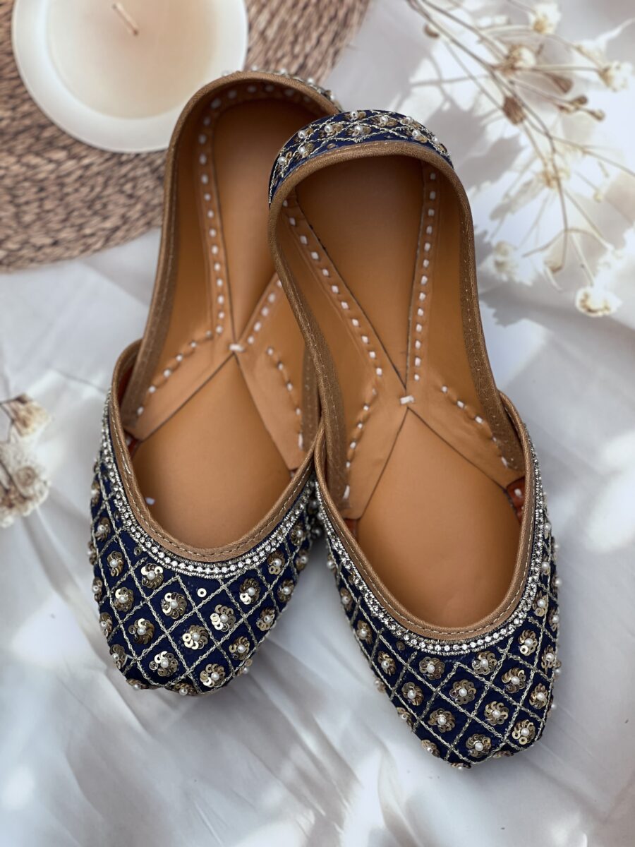 Navy blue base hand embroidered Punjabi jutti for women, sequins and pearls design, pure leather, double cushioned jutti by sandoori, free shipping, free exchange, latest design, branded jutti, colour navy blue, golden,