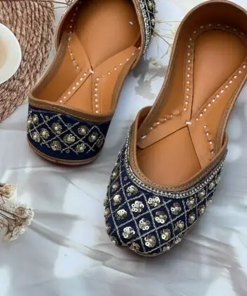 Navy blue base hand embroidered Punjabi jutti for women, sequins and pearls design, pure leather, double cushioned jutti by sandoori, free shipping, free exchange, latest design, branded jutti, colour navy blue, golden,